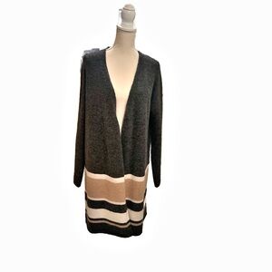 Chic Striped Open-Front Cardigan - Black and Tan
